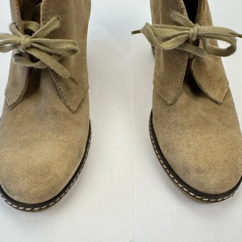 J. Crew Tan Suede Leather Made in Italy Lace Up Wedge Heel Booties‎ Sz 7 Preppy